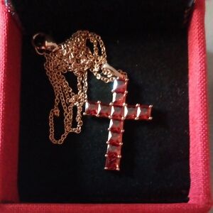 D'Joy Simulated Red Diamond 5.85 ctw Cross Pendant in 14K RG Over Sterling